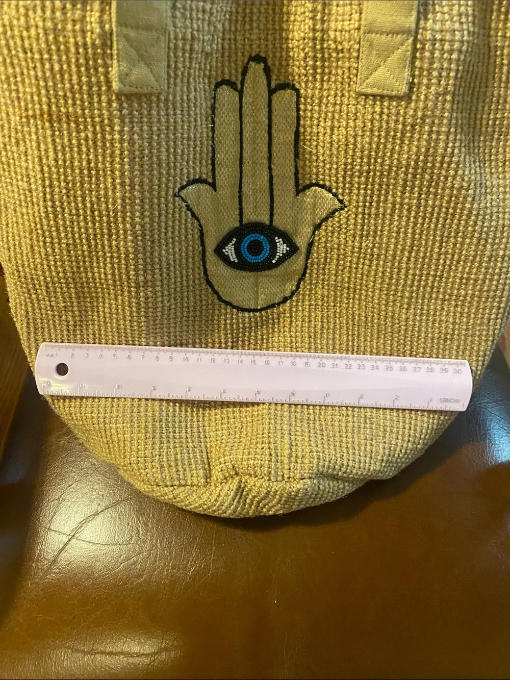 Tan Tote with Embroidered Hamsa and Blue Eye
